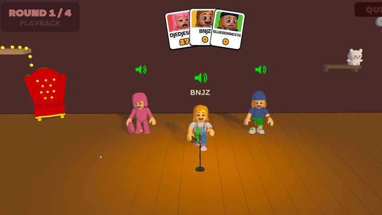 Mimic Party playback phase, round 1 of 4, one player's take playing while the others listen