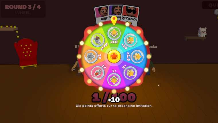 The Mimic Party wheel between rounds with +10, +20, x1.5 and microphone sabotage segments