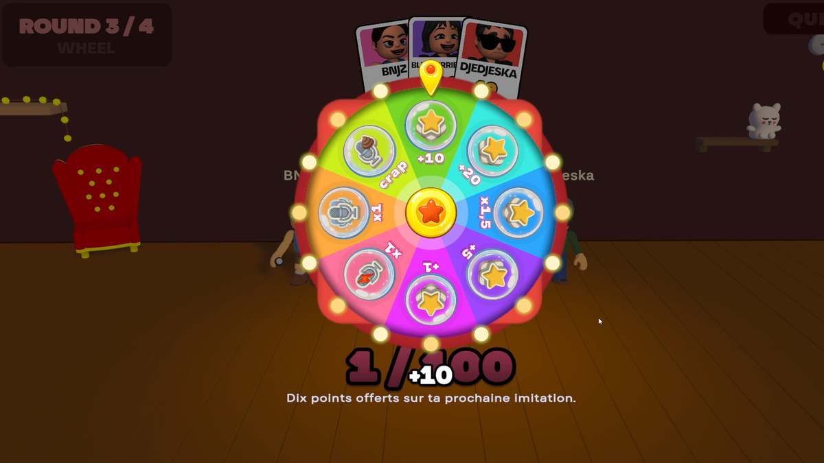 The Mimic Party wheel between rounds, showing +10, +20, x1.5, +5 and +1 star segments and three microphone sabotage segments